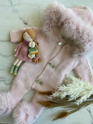 Koally Baby Coat Edinburg Knitwear Baby Pram Suit Herringbone Pattern - Pink