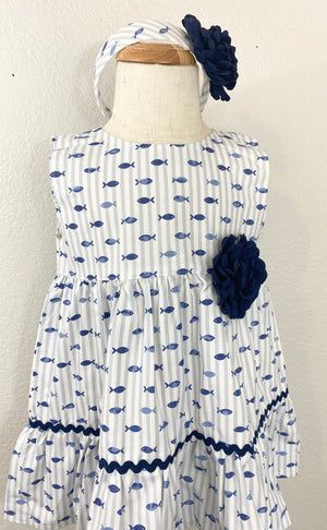 Koally Baby Dress Elisa Ocean Blue Pom Pom dress